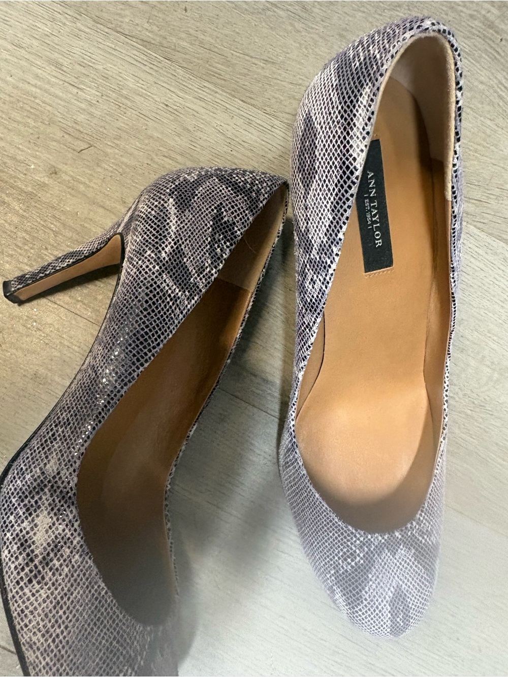 Ann Taylor Snake-Print Gray Pointed-Toe Stiletto Pumps